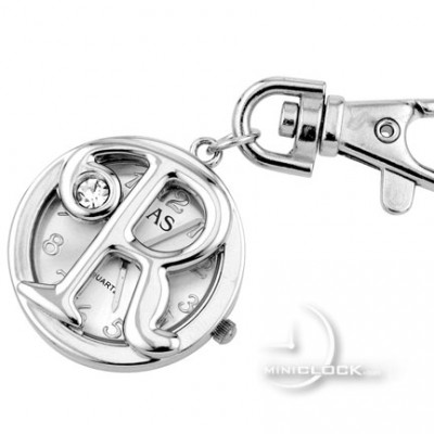 KEY CHAIN, Novelty Mini Clock LETTER "R" w/ Gem