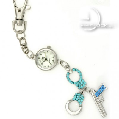 KEYCHAIN, Novelty Mini Clock GEM HANDCUFFS & PISTOL GUN