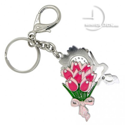 KEY CHAIN, Novelty Mini Clock PINK Tulip Bouquet