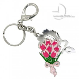 KEY CHAIN, Novelty Mini Clock PINK Tulip Bouquet
