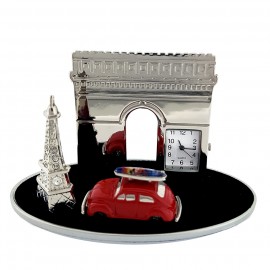FRANCE ICONS MINATURE EIFFEL TOWER & ARC DE TRIOMPHE w VW BUG CAR COLLECTIBLE MINI CLOCK 