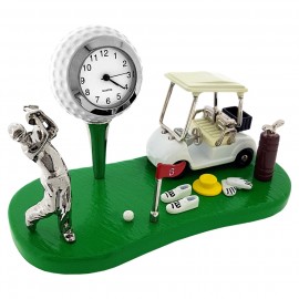 GOLF SCENE ON GREEN w GOLFER BALL FLAG CART CLUBS FLAG & SHOES COLLECTIBLE SPORTS MINI CLOCK 