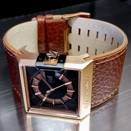 BLACK DICE SOLO WATCH w/ ROTATING DIAL IN CUSTOM SQUARE CASE & WIDE LEATHER STRAP