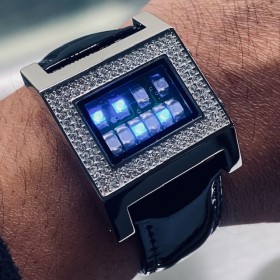 CUSTOM KERALA TRANCE RARE BINARY LED WATCH w/ SWAROVSKI CRYSTALS & CIRCUIT BOARD FACE