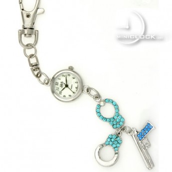 KEYCHAIN, Novelty Mini Clock GEM HANDCUFFS & PISTOL GUN