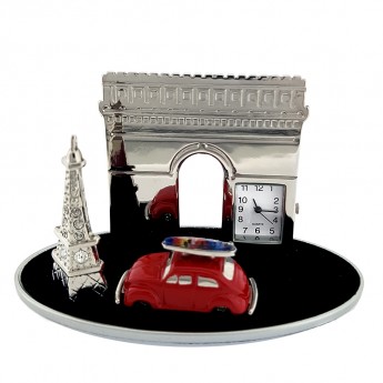 FRANCE ICONS MINATURE EIFFEL TOWER & ARC DE TRIOMPHE w VW BUG CAR COLLECTIBLE MINI CLOCK