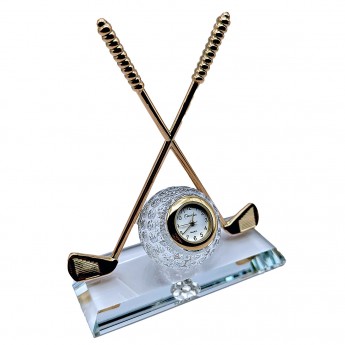 MINIATURE GOLF CLUBS AND BALL DESK CLOCK - ELEGANT CRYSTAL COLLECTIBLE GIFT