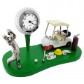 GOLF SCENE ON GREEN w GOLFER BALL FLAG CART CLUBS FLAG & SHOES COLLECTIBLE SPORTS MINI CLOCK 