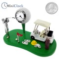 GOLF SCENE ON GREEN w GOLFER BALL FLAG CART CLUBS FLAG & SHOES COLLECTIBLE SPORTS MINI CLOCK 