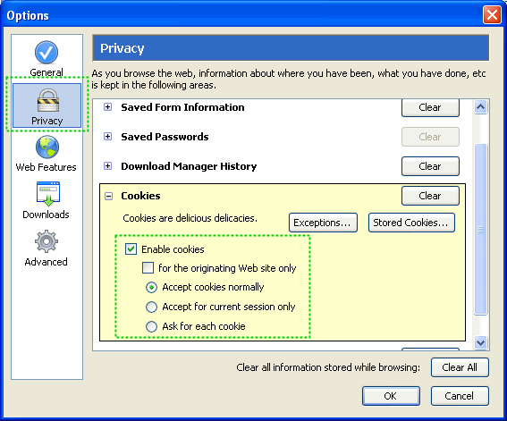 Firefox Privacy menu with Enable Cookie Settings