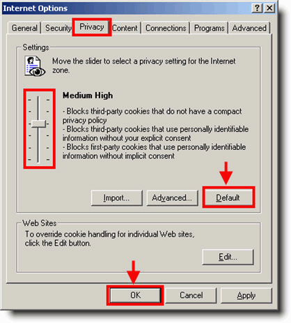 Privacy tab with default Medium High settings and Ok buton highlighted