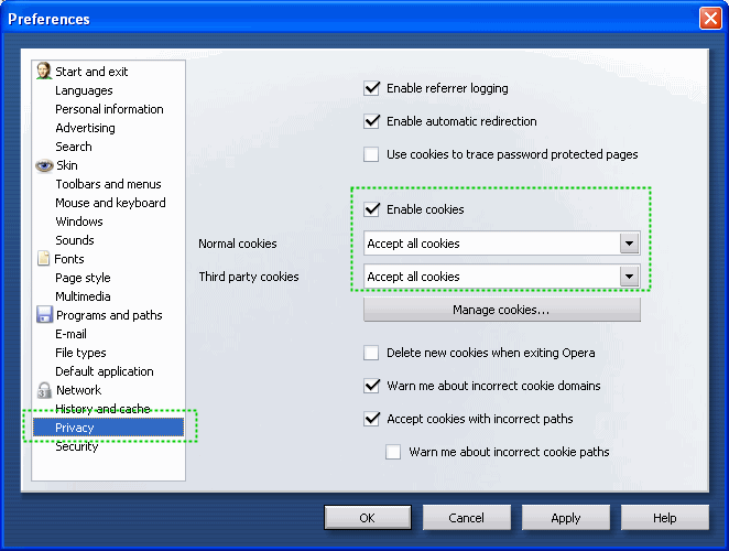 Opera 7 Privacy Menu with Enable Cookies Settings